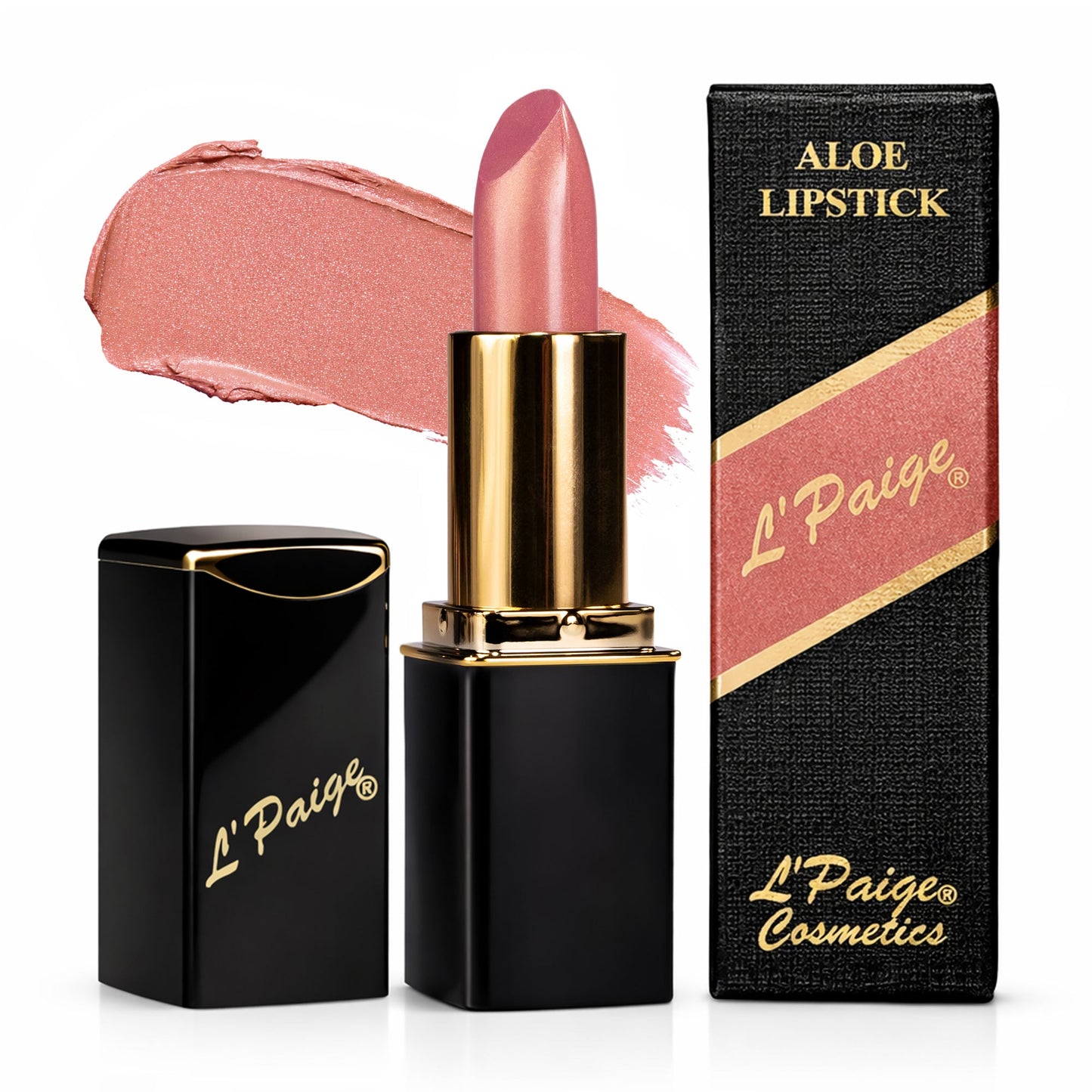 Soft rose nude lipstick with pearlescent satin glow and luminous shimmer finish in L’Paige CHAMPAGNE Designer Shade L38.