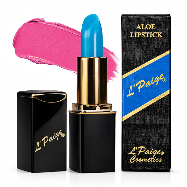 L’Paige Color-Changing BLUE Lipstick transforming from sapphire blue to deep pink-burgundy with Aloe Vera moisturizing satin finish and long-lasting lip stain-like wear.