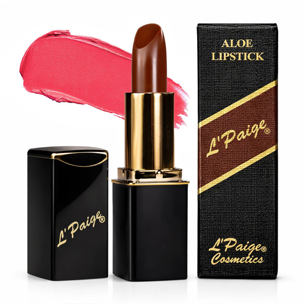 L’Paige Color-Changing BROWN Lipstick transforming from cocoa brown to raspberry-red with moisturizing Aloe Vera satin finish and long-lasting lip stain–like wear.