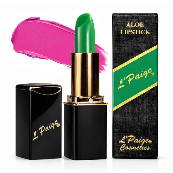 L’Paige Color-Changing GREEN Lipstick transforming from emerald green to bold pink-fuchsia with Aloe Vera moisturizing satin finish and long-lasting lip stain-like wear.