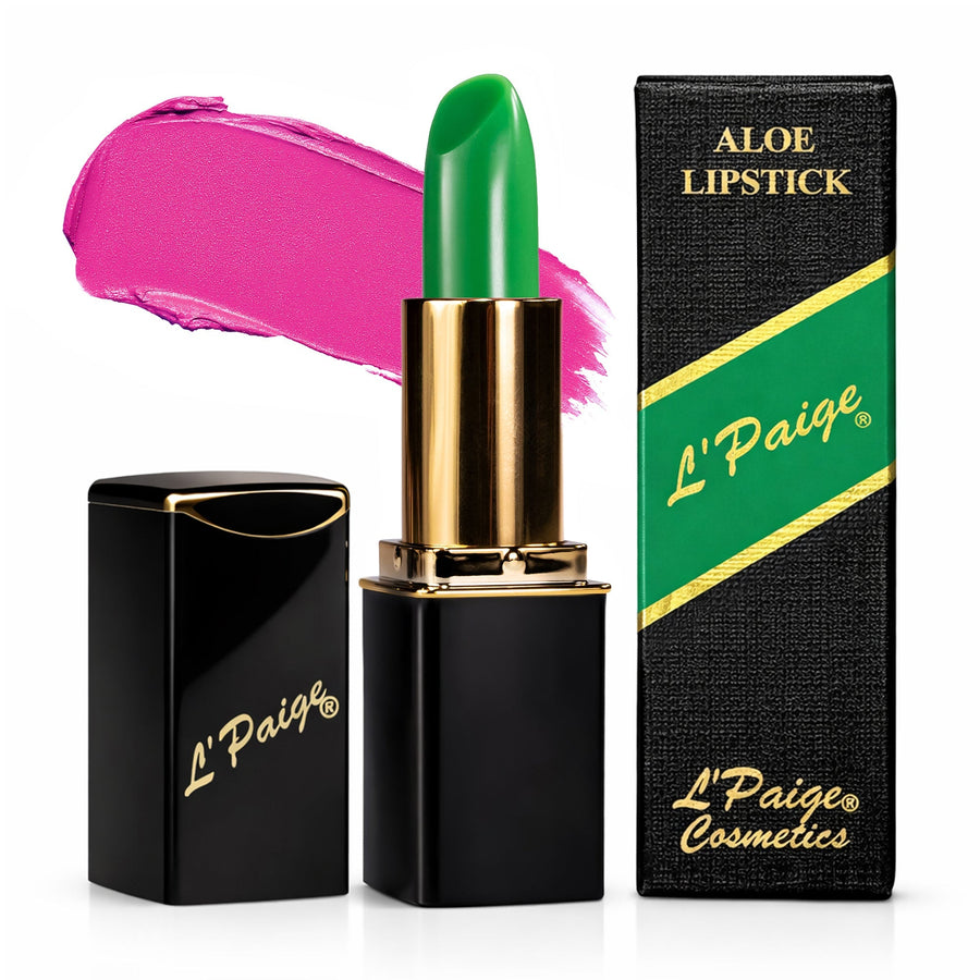 L’Paige Color-Changing GREEN Lipstick transforming from emerald green to bold pink-fuchsia with Aloe Vera moisturizing satin finish and long-lasting lip stain-like wear.