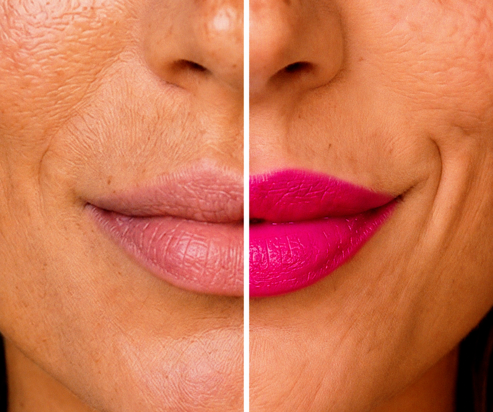 Split view of lips: bare on the left, developed raspberry color on the right