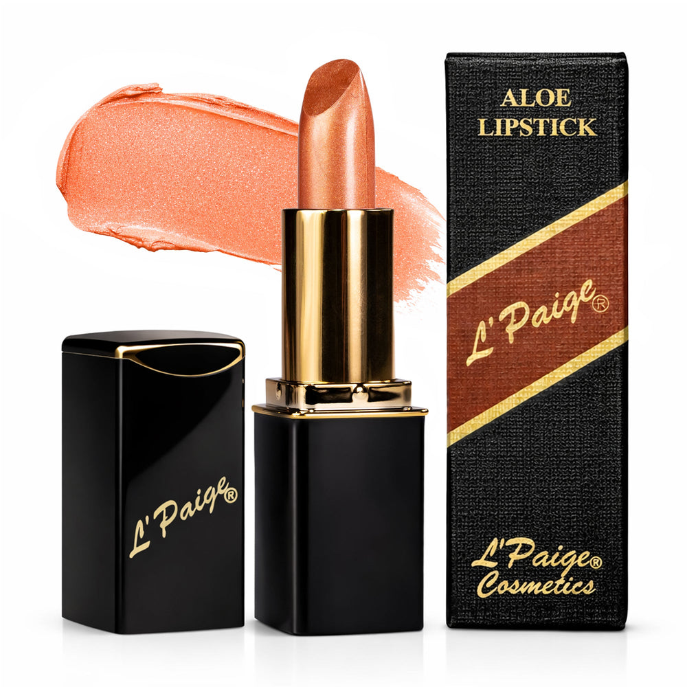 L’Paige L36 AMARETTO warm caramel bronze lipstick with golden pearl shimmer and radiant frosted finish.