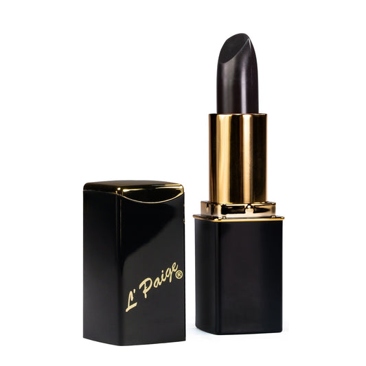 Black color-changing lipstick by L’Paige with gold and black packaging