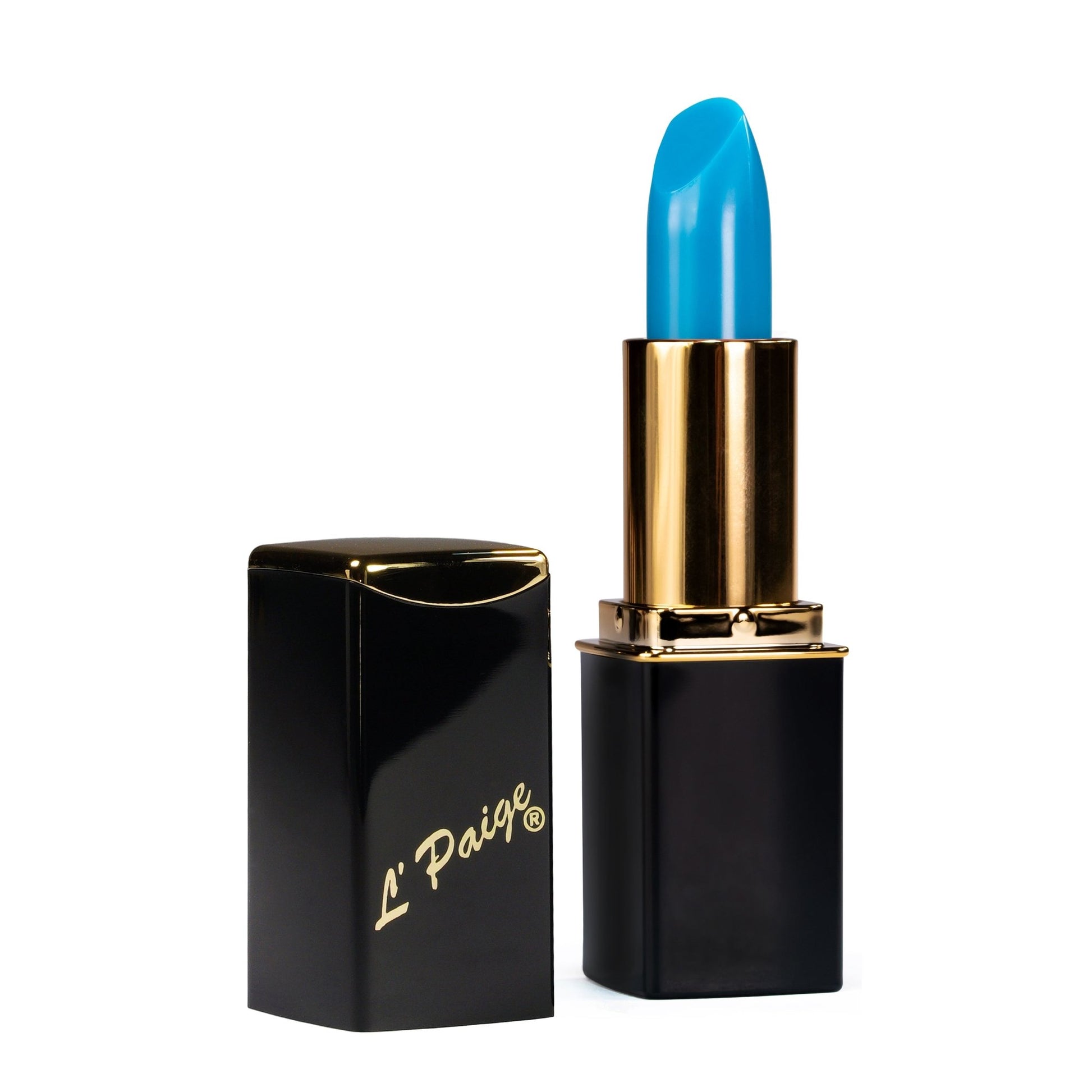 Blue color-changing lipstick by L’Paige in gold tube with luxury packaging