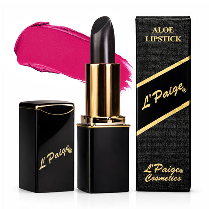 L’Paige Color-Changing BLACK Lipstick transforming from black to deep wine-magenta with Aloe Vera moisturizing satin finish and long-lasting lip stain-like wear.