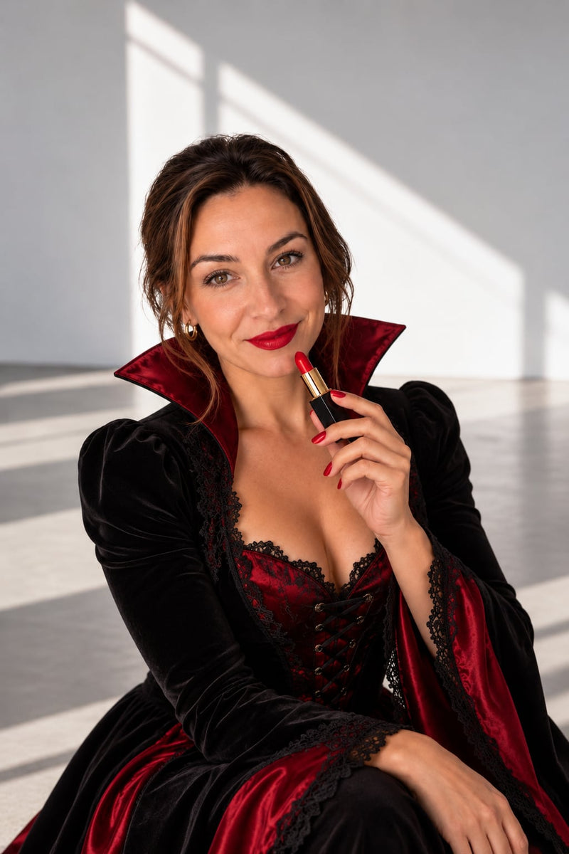 L'Paige Red Strawberry lipstick on a model, dressed as The Vampire