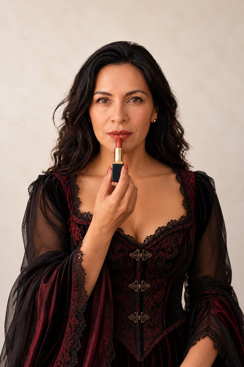 L'Paige Terra Cotta lipstick on a model, dressed as The Countess